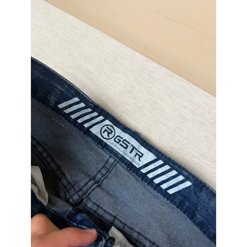 GSTR Raw Mens Blue Distressed Moto Biker Jeans Slim Fit Ribbed Stacked 30x30